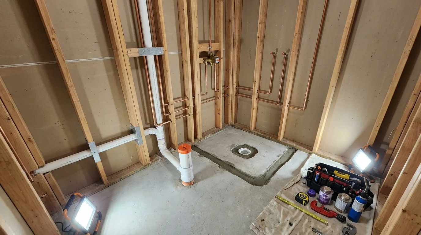 Bathroom rough-in plumbing during remodel by Johns Plumbing LLC in Orchard Park