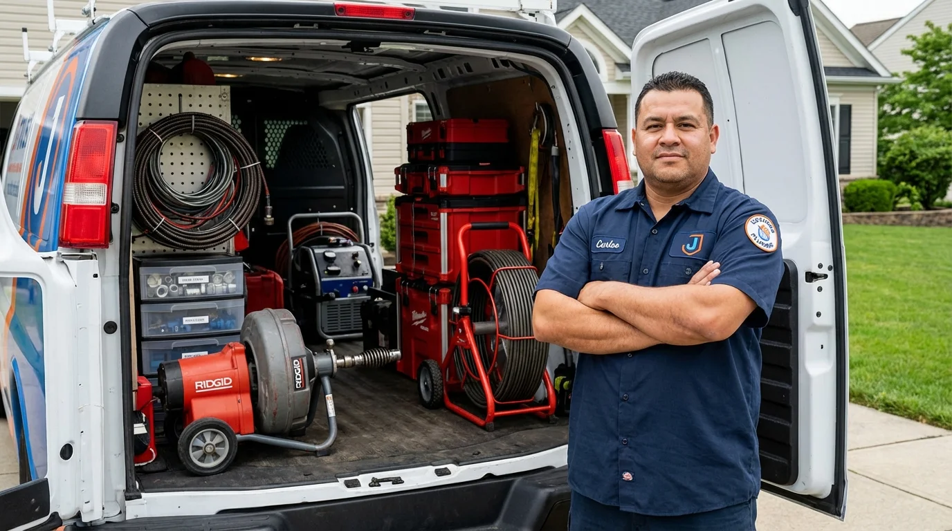 Professional drain cleaning equipment and Johns Plumbing LLC plumber in Orchard Park