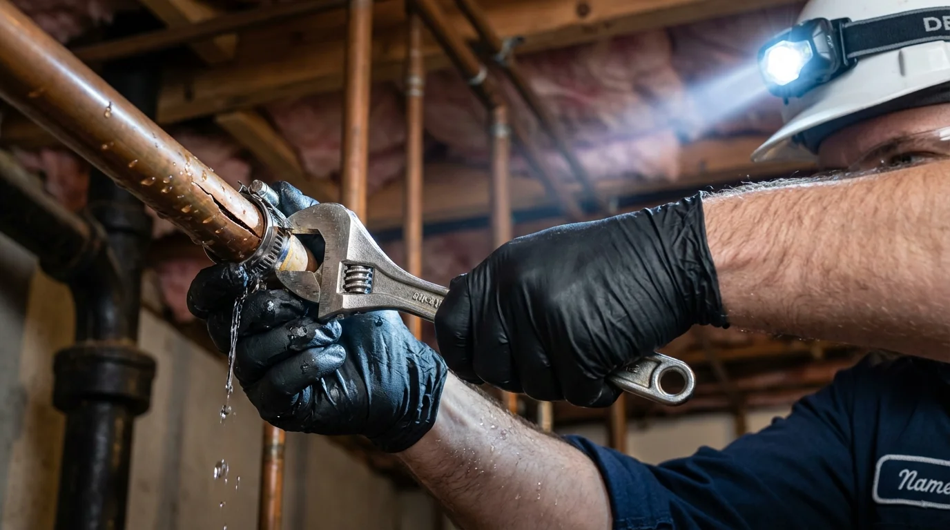 Emergency pipe clamp repair being performed by a Johns Plumbing LLC plumber in Orchard Park