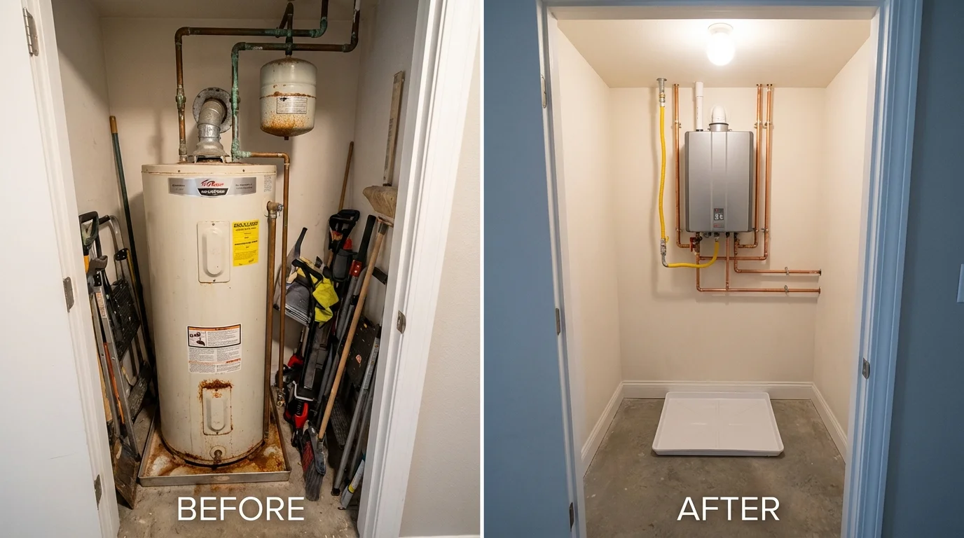 Tank water heater versus wall-mounted tankless unit comparison for Orchard Park, NY homeowners