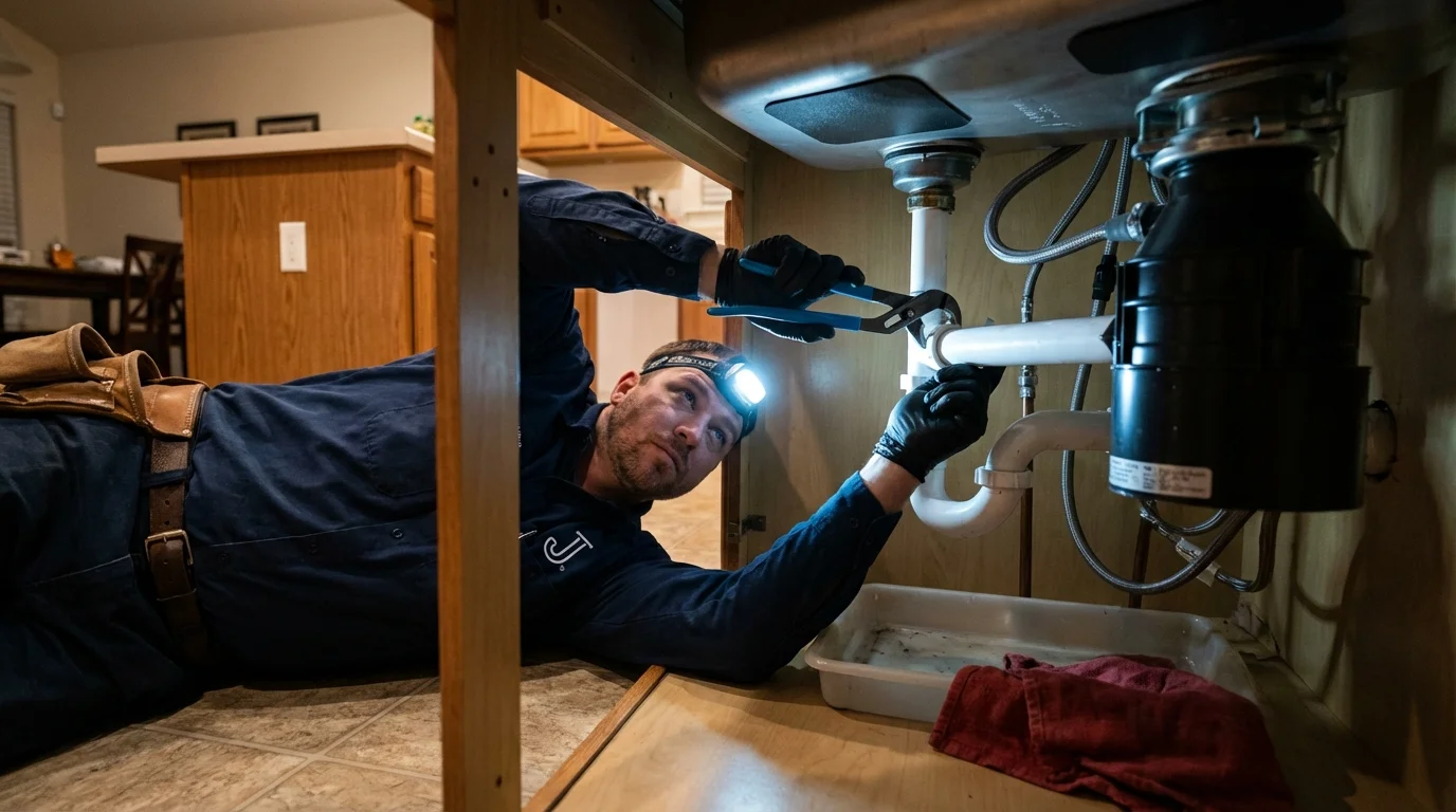 P-trap and supply line connections under a kitchen sink showing a common leak point in Orchard Park, NY